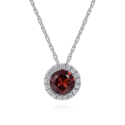 14K White Gold Garnet and Diamond Halo Pendant Necklace