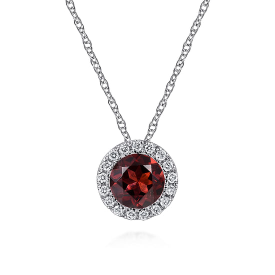 Gabriel - 14K White Gold Garnet and Diamond Halo Pendant Necklace