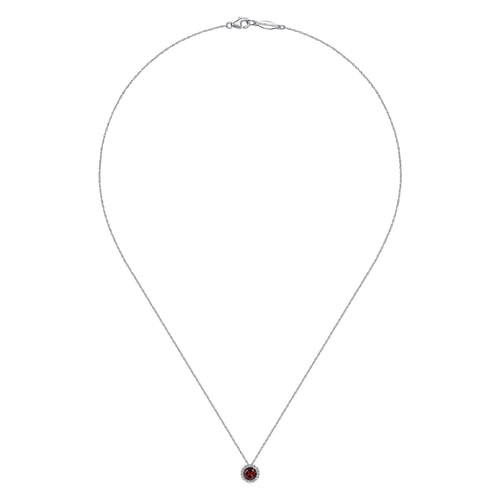 14K White Gold Garnet and Diamond Halo Pendant Necklace