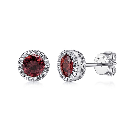 14K White Gold Garnet and Diamond Halo Stud Earrings