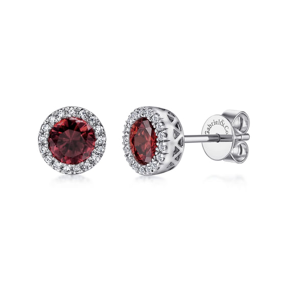 Gabriel - 14K White Gold Garnet and Diamond Halo Stud Earrings