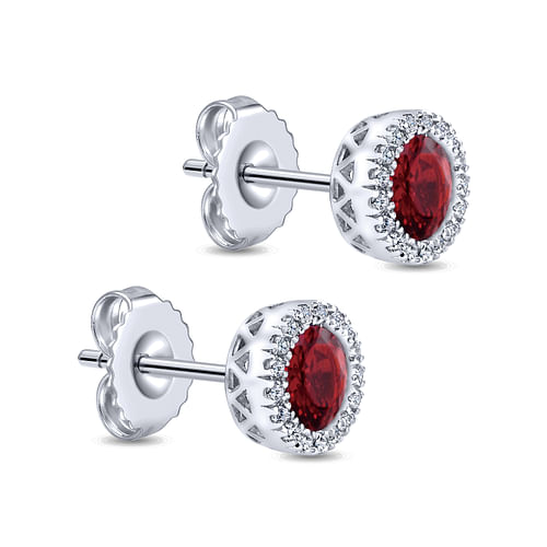 14K White Gold Garnet and Diamond Halo Stud Earrings