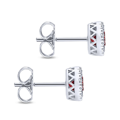 14K White Gold Garnet and Diamond Halo Stud Earrings