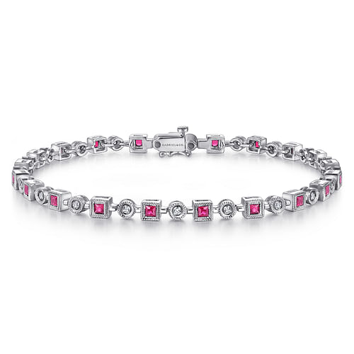 14K White Gold Geometric Diamond and Ruby Tennis Bracelet