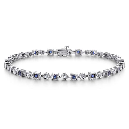 14K White Gold Geometric Diamond and Sapphire Tennis Bracelet