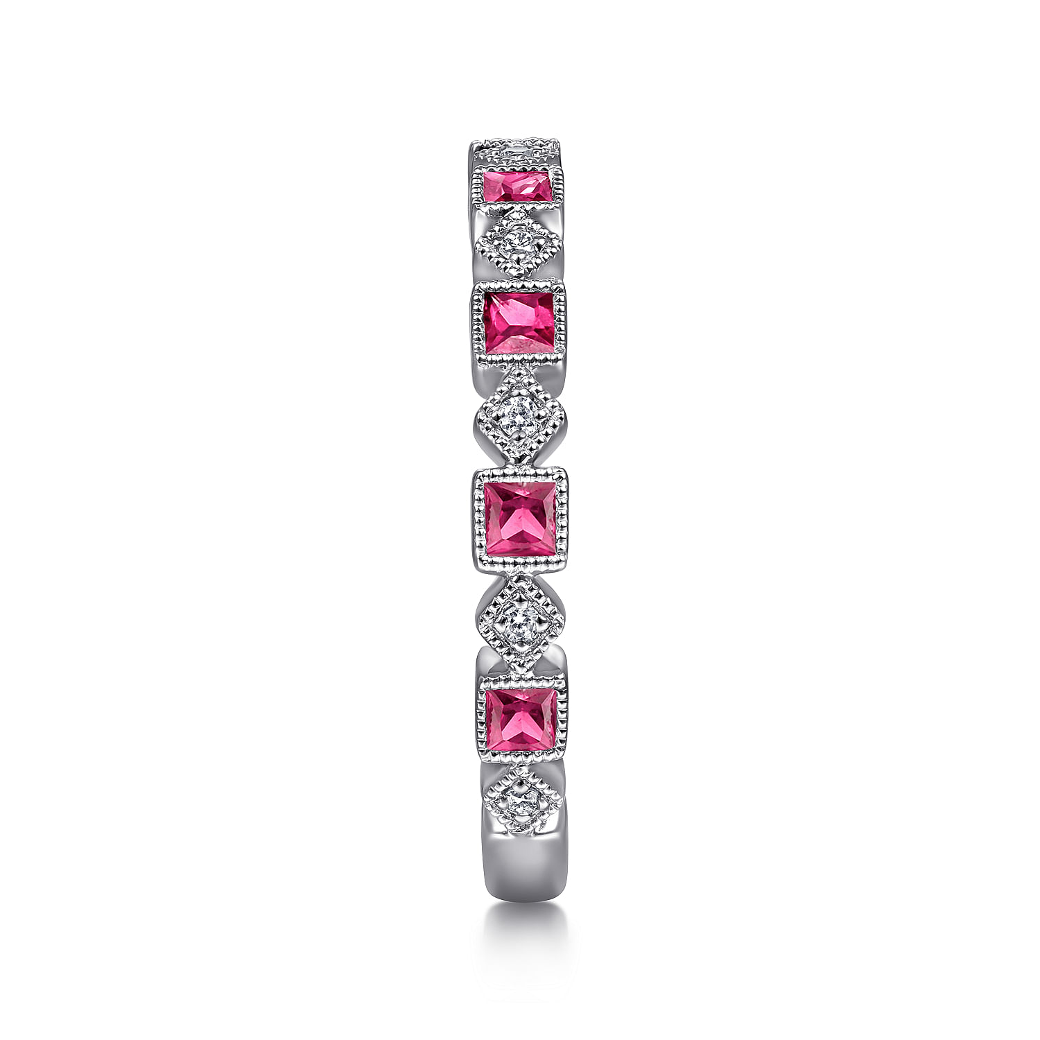 14K White Gold Geometric Ruby and Diamond Stackable Ring