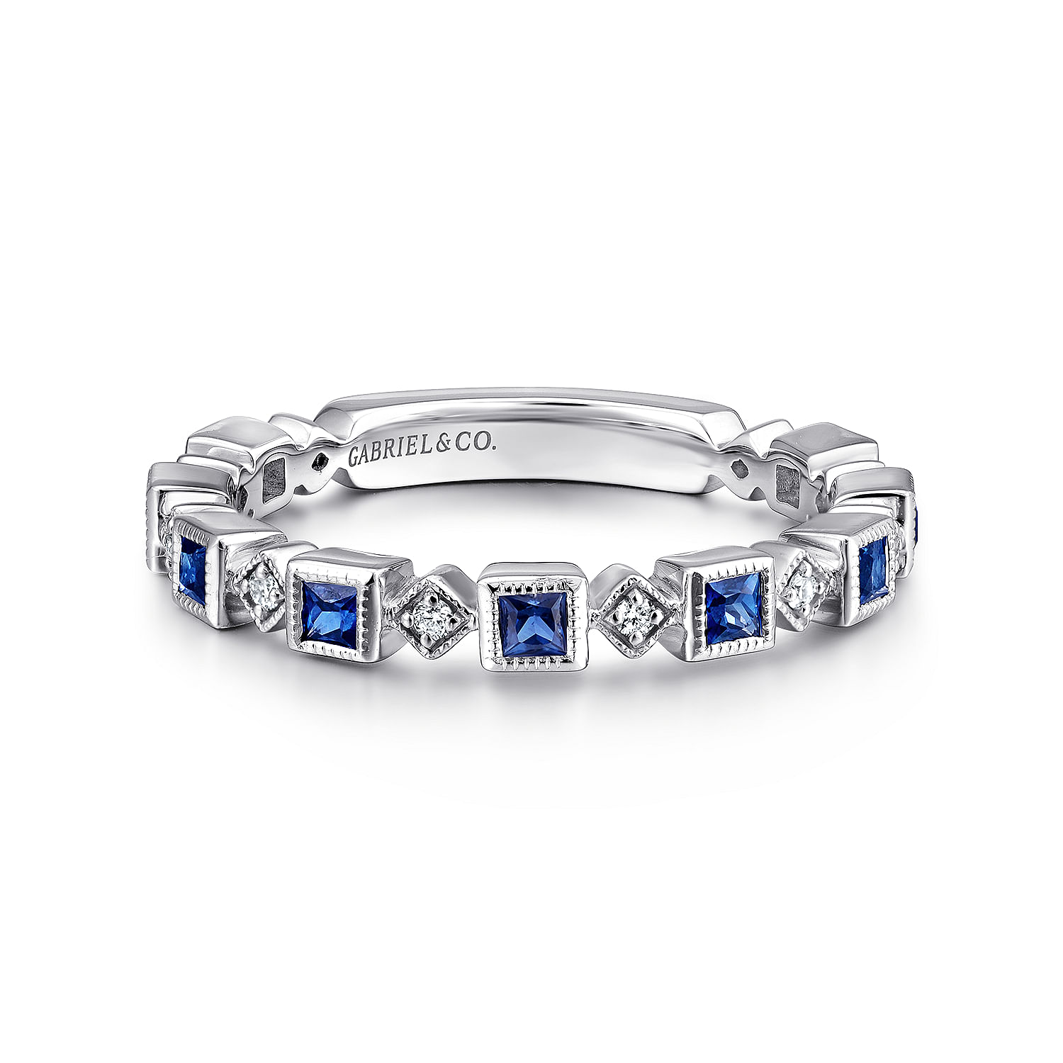 14K White Gold Geometric Sapphire and Diamond Stackable Ring