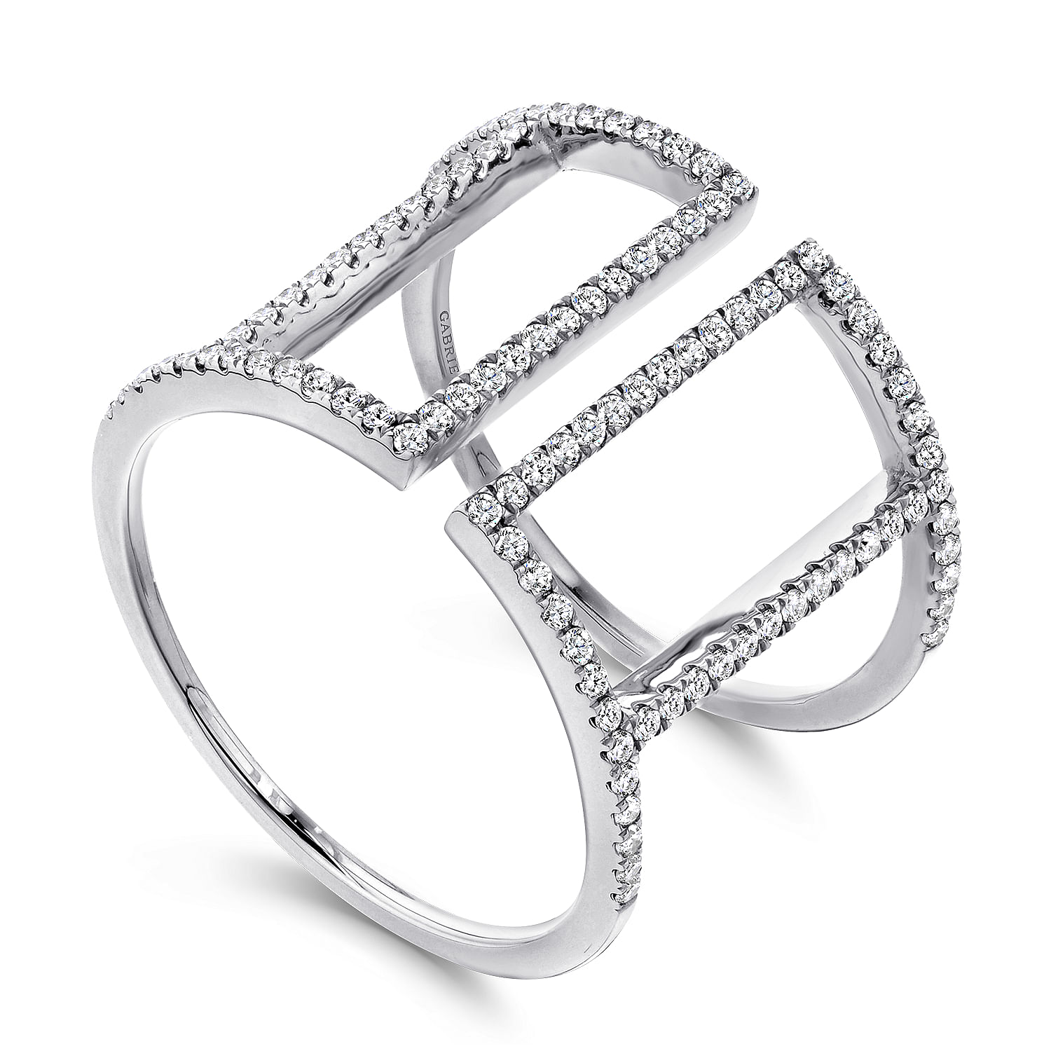 14K White Gold Geometric Wide Band Diamond Cage Ring
