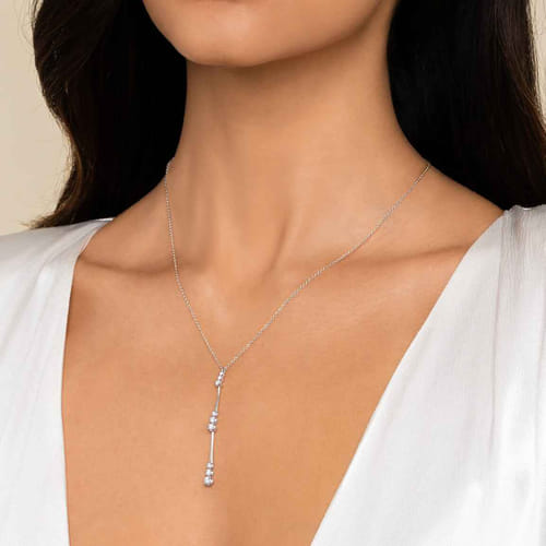 14K White Gold Graduated Diamond Station Drop Y Necklace 