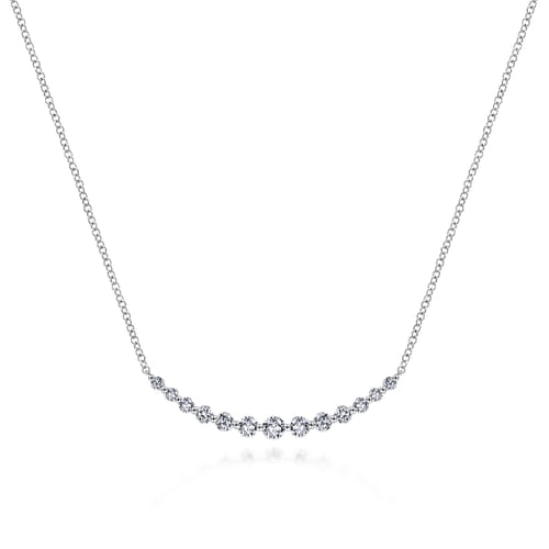14K White Gold Graduated Round Diamond Curved Bar Necklace