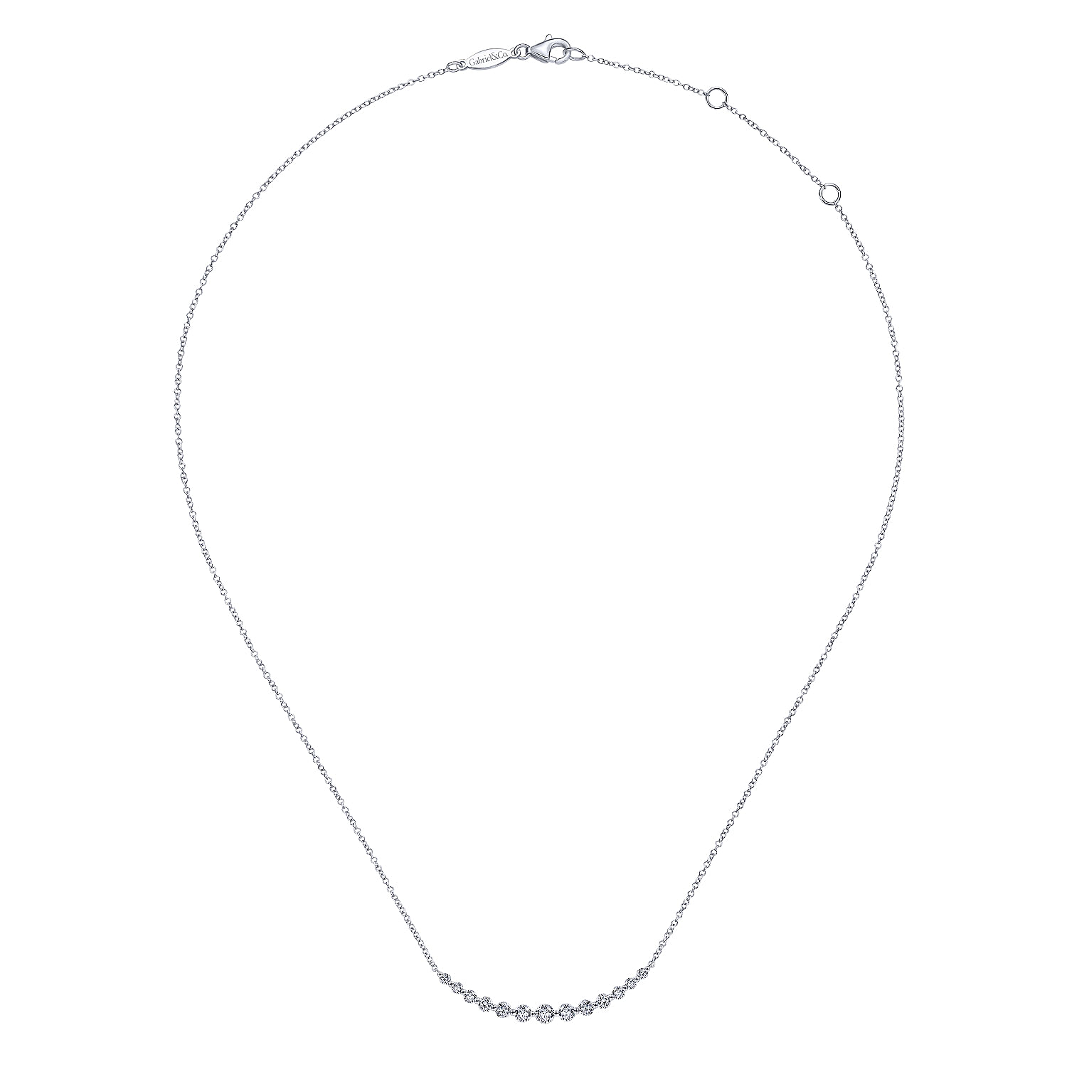 14K White Gold Graduated Round Diamond Curved Bar Necklace
