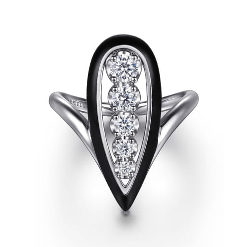 14K White Gold Graduating Diamond Chevron Ring with Black Enamel