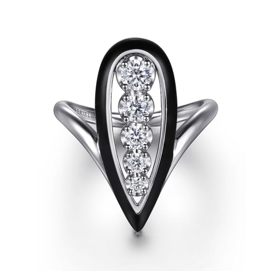 Gabriel - 14K White Gold Graduating Diamond Chevron Ring with Black Enamel