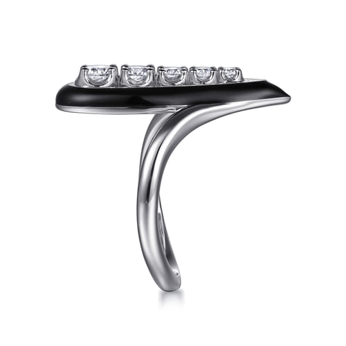 14K White Gold Graduating Diamond Chevron Ring with Black Enamel