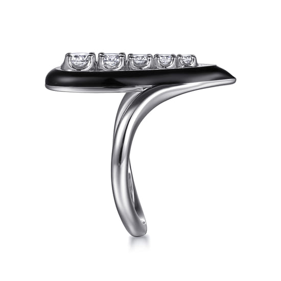 14K White Gold Graduating Diamond Chevron Ring with Black Enamel angle 4
