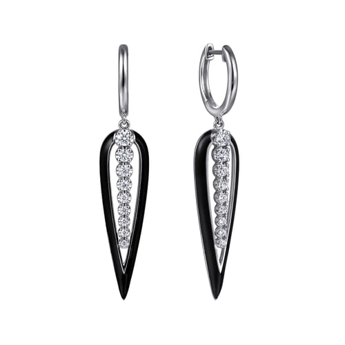 14K White Gold Graduating Diamond Huggie Drop Earrings with Black Enamel