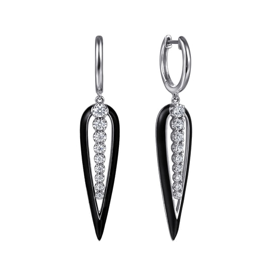 Gabriel - 14K White Gold Graduating Diamond Huggie Drop Earrings with Black Enamel