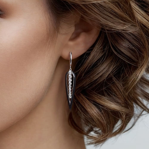 14K White Gold Graduating Diamond Huggie Drop Earrings with Black Enamel