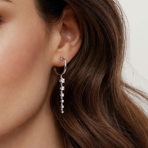 14K White Gold Graduating Diamond Huggie Drop Earrings