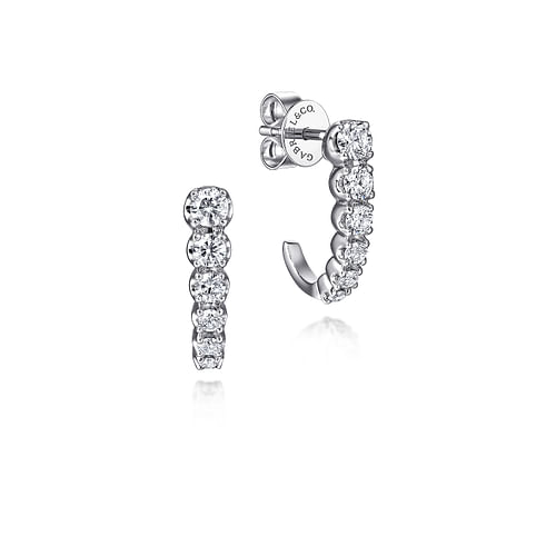 14K White Gold Graduating Diamond J Hoop Earrings