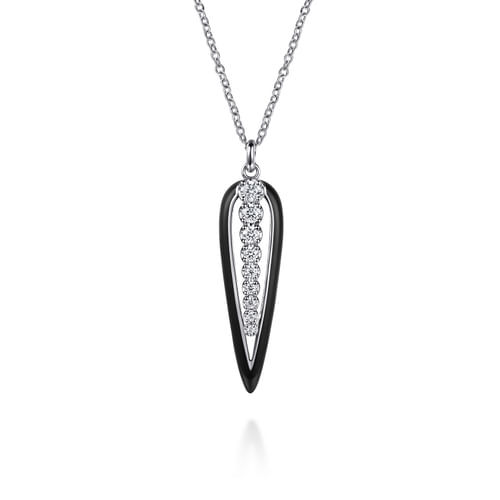 14K White Gold Graduating Diamond Pendant Necklace with Black Enamel