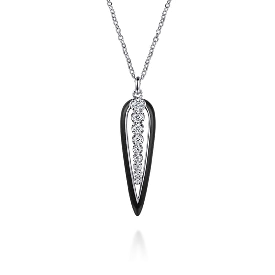 Gabriel - 14K White Gold Graduating Diamond Pendant Necklace with Black Enamel