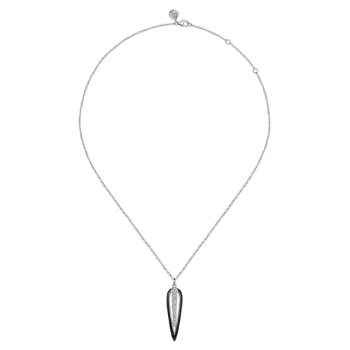14K White Gold Graduating Diamond Pendant Necklace with Black Enamel