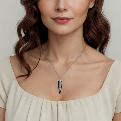 14K White Gold Graduating Diamond Pendant Necklace with Black Enamel