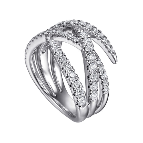 14K White Gold Graduating Diamond Spike Criss Cross Ring