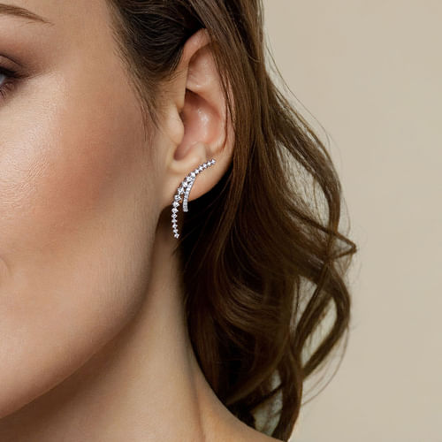 14K White Gold Graduating Diamond Spike J Hoop Stud Earrings