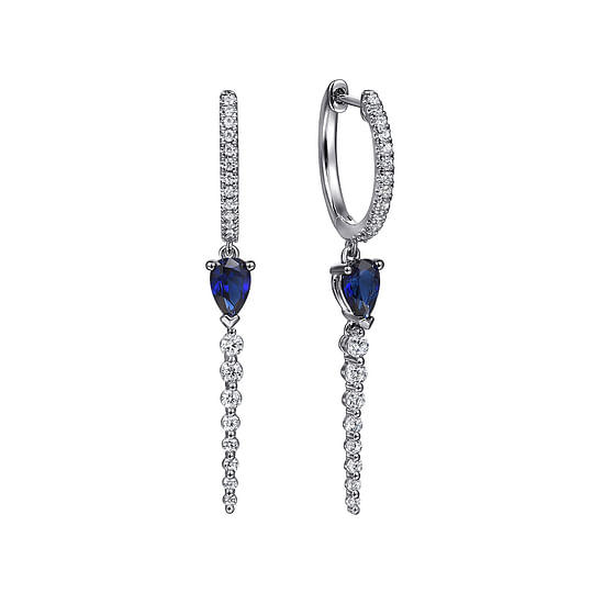 Gabriel - 14K White Gold Graduating Diamonds and Blue Sapphire Huggie Drop Earrings