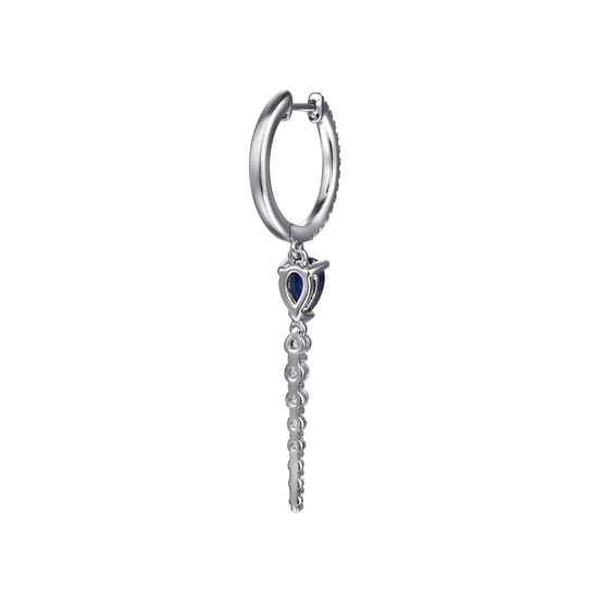14K White Gold Graduating Diamonds and Blue Sapphire Huggie Drop Earrings angle 3