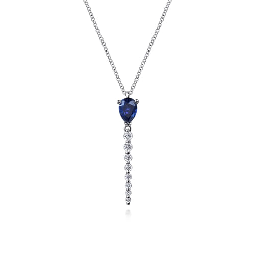 14K White Gold Graduating Diamonds and Blue Sapphire Pendant Drop Necklace
