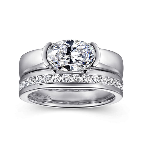 14K White Gold Half Bezel East West Oval Diamond Engagement Ring
