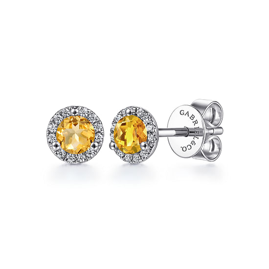 Gabriel - 14K White Gold Halo Citrine and Diamond Stud Earrings