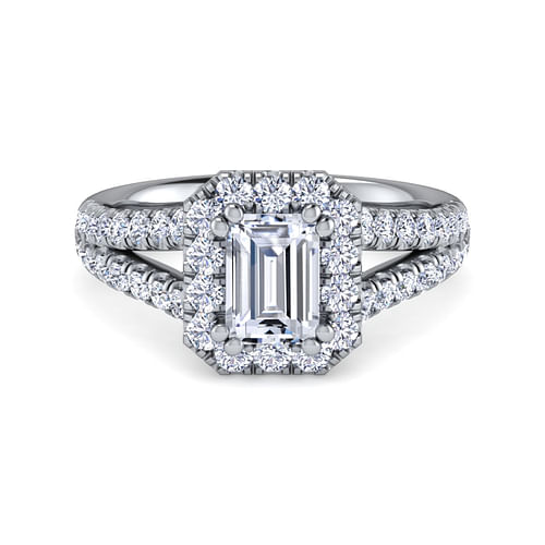 14K White Gold Halo Emerald Cut Diamond Engagement Ring