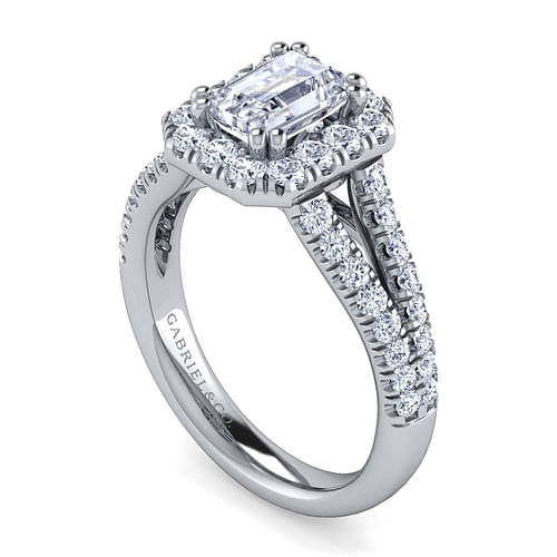 14K White Gold Halo Emerald Cut Diamond Engagement Ring