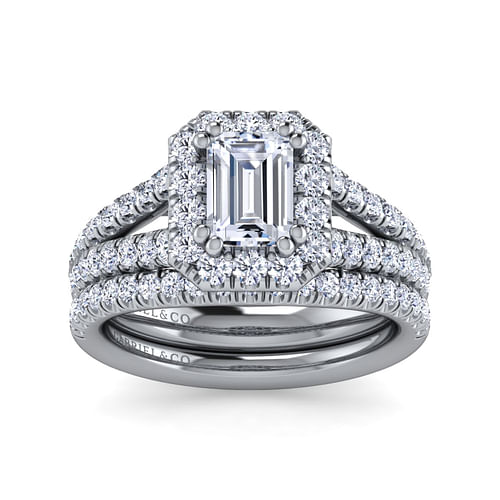 14K White Gold Halo Emerald Cut Diamond Engagement Ring