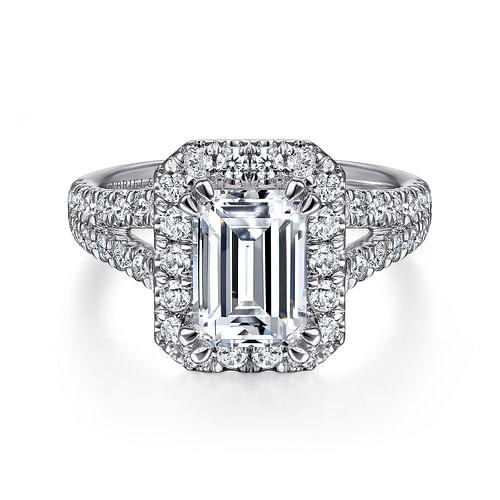 14K White Gold Halo Emerald Cut Diamond Engagement Ring