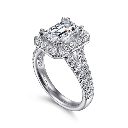 14K White Gold Halo Emerald Cut Diamond Engagement Ring