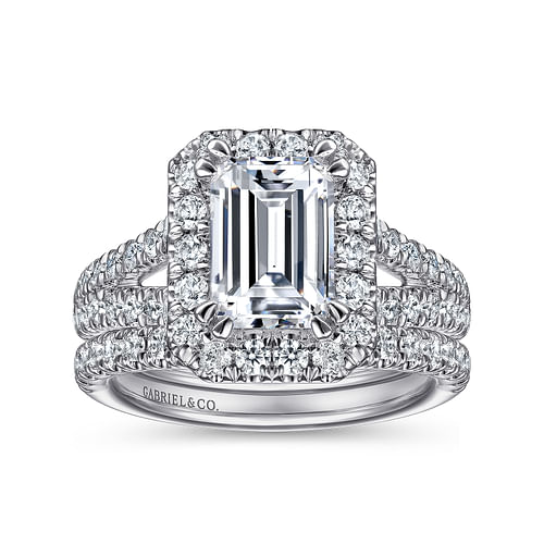 14K White Gold Halo Emerald Cut Diamond Engagement Ring