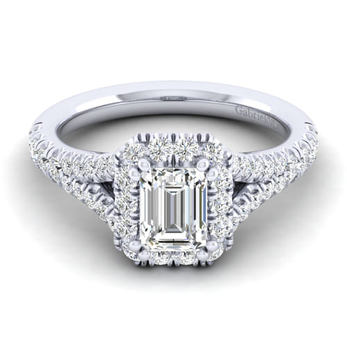 14K White Gold Halo Emerald Cut Diamond Engagement Ring