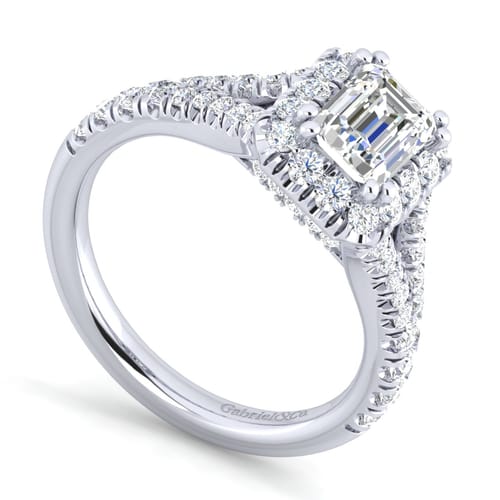 14K White Gold Halo Emerald Cut Diamond Engagement Ring