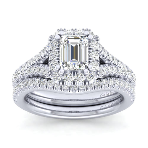 14K White Gold Halo Emerald Cut Diamond Engagement Ring
