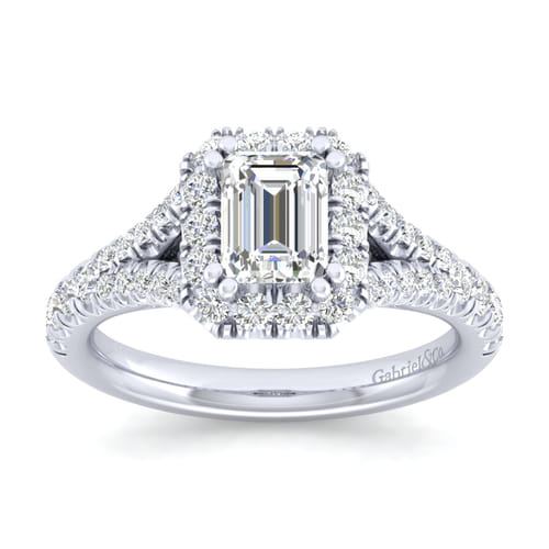 14K White Gold Halo Emerald Cut Diamond Engagement Ring