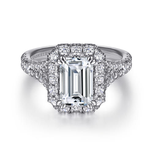 14K White Gold Halo Emerald Cut Diamond Engagement Ring