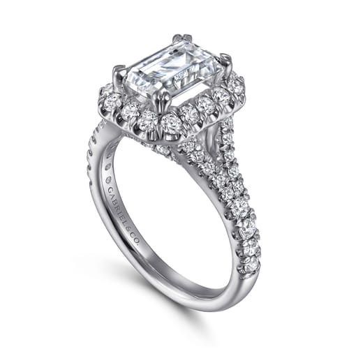 14K White Gold Halo Emerald Cut Diamond Engagement Ring