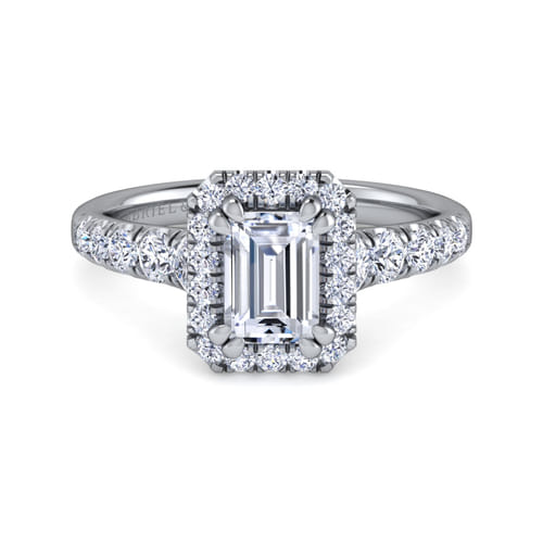 14K White Gold Halo Emerald Cut Diamond Engagement Ring
