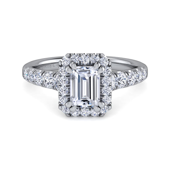 Gabriel - 14K White Gold Halo Emerald Cut Diamond Engagement Ring