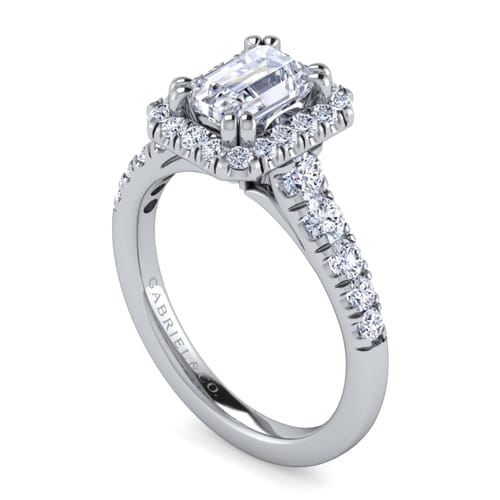 14K White Gold Halo Emerald Cut Diamond Engagement Ring
